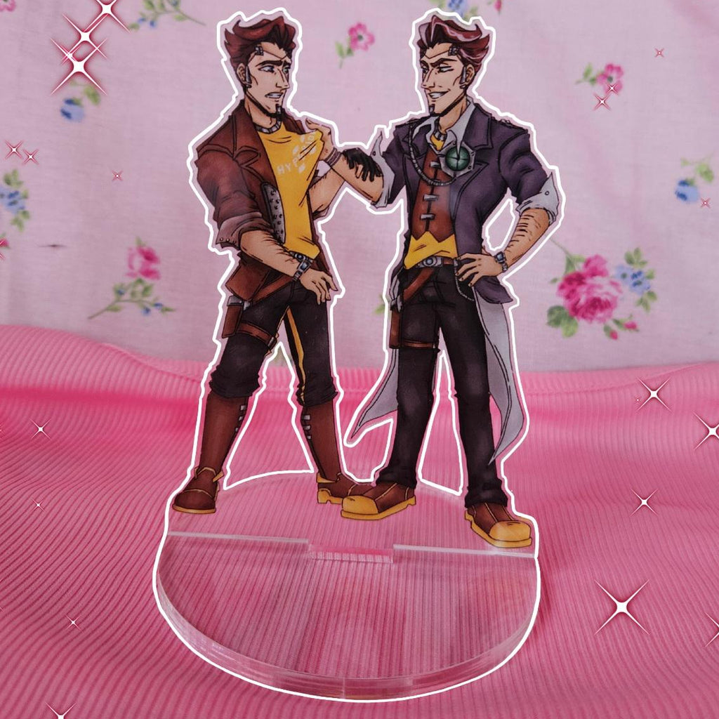Two animated characters on a clear stand with a pink floral background