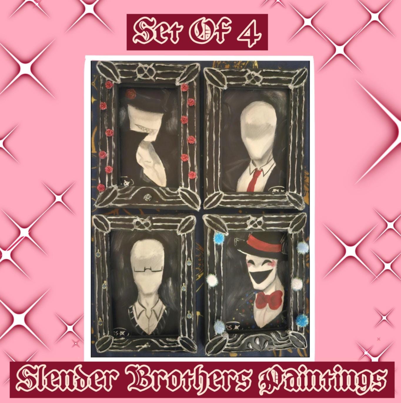 Slender Brothers Acrylic Paintings | Set Of 4 | Handmade Frames